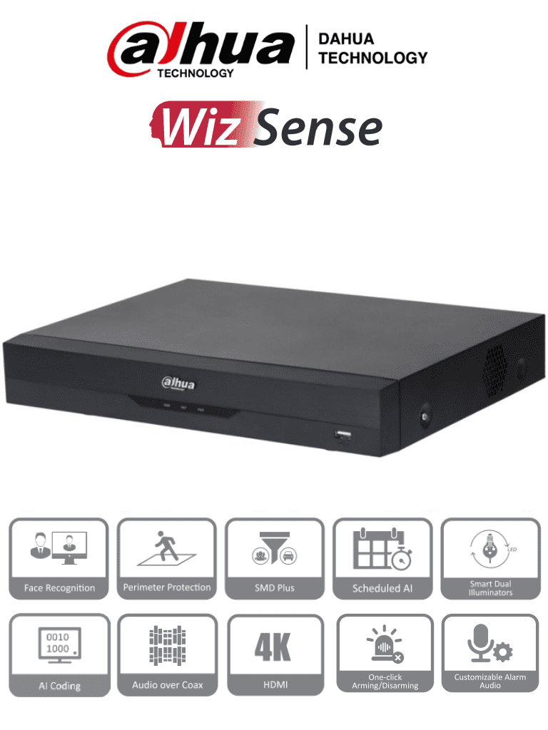 DAHUA XVR5116HE-4KL-I3 - DVR 16 Canales 4K con IA WizSense H.265+ 16 Canales HDCVI+IP (32 Ch máx.) Reconocimiento Facial SMD Plus Protección Perimetral 16&3 E&S Alarma 1 Puerto SATA.