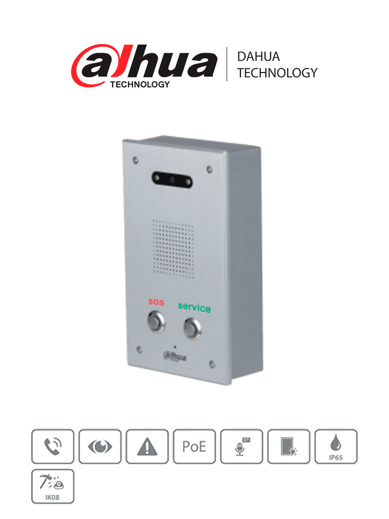 DAHUA DHI-VTA2302A - Intercomunicador de asistencia con cámara HD de 2.7" y 2MP CMOS para baja iluminación. Panel de aluminio anodizado con visión nocturna automática. Incluye botón SOS para llamadas de emergencia.