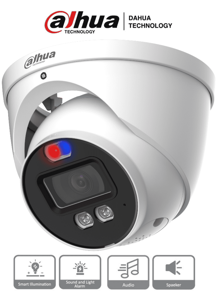 Dahua HAC-ME1239HN-A-PV - Cámara Domo TiOC de 2 Megapixeles/ Disuasion Activa Luz Roja y Azul/ Lente de 3.6 mm/ Super Adapt/ Microfono y Altavoz Integrados/ 40 Metros de Iluminación (IR y Cálida)/ Metalica/ IP67/
