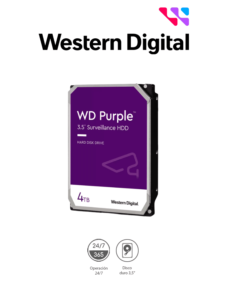 WESTERN DIGITAL WD43PURZ - Disco Duro de 4TB Purple/ Especial para Videovigilancia/ Trabajo 24/7/ Interface: Sata 6 Gb/s/ Hasta 64 Cámaras/ Hasta 16 Bahías de Discos Duros/ 180Mb/S /3 Años de Garantía #VIVA