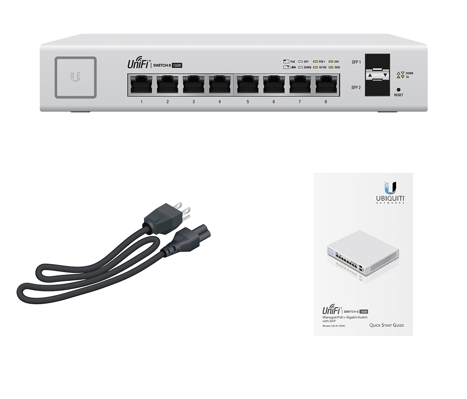 UBIQUITI US-8-150W - Switch UniFi Gigabit PoE con 8 puertos Gigabit Ethernet 2 puertos SFP PoE de 150 Watts y capacidad de conmutación de 20 Gbps.