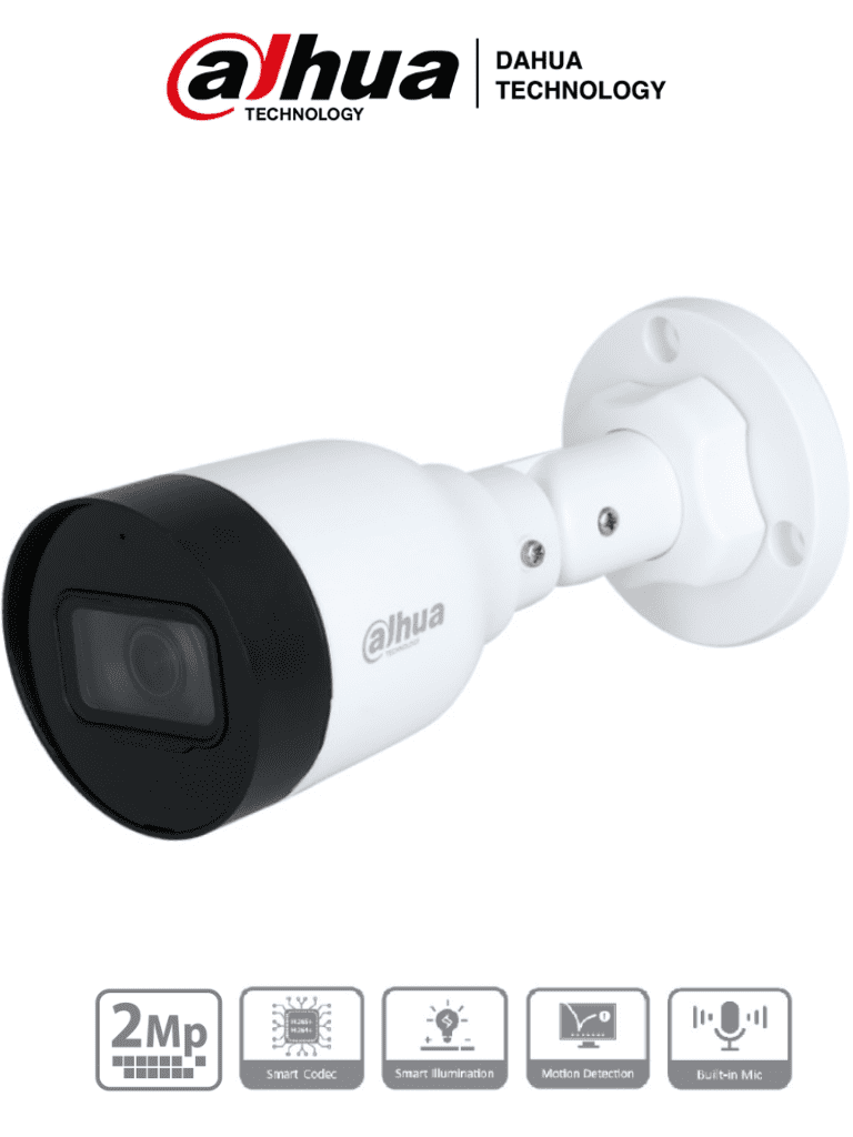 Dahua IPC-HFW1230S1-A-S5-Cámara IP Bullet de 2MP lente de 2.8mm ángulo de visión de 102 grados micrófono integrado compresión H.265+ IR de 30m protección IP67 PoE DWDR.
