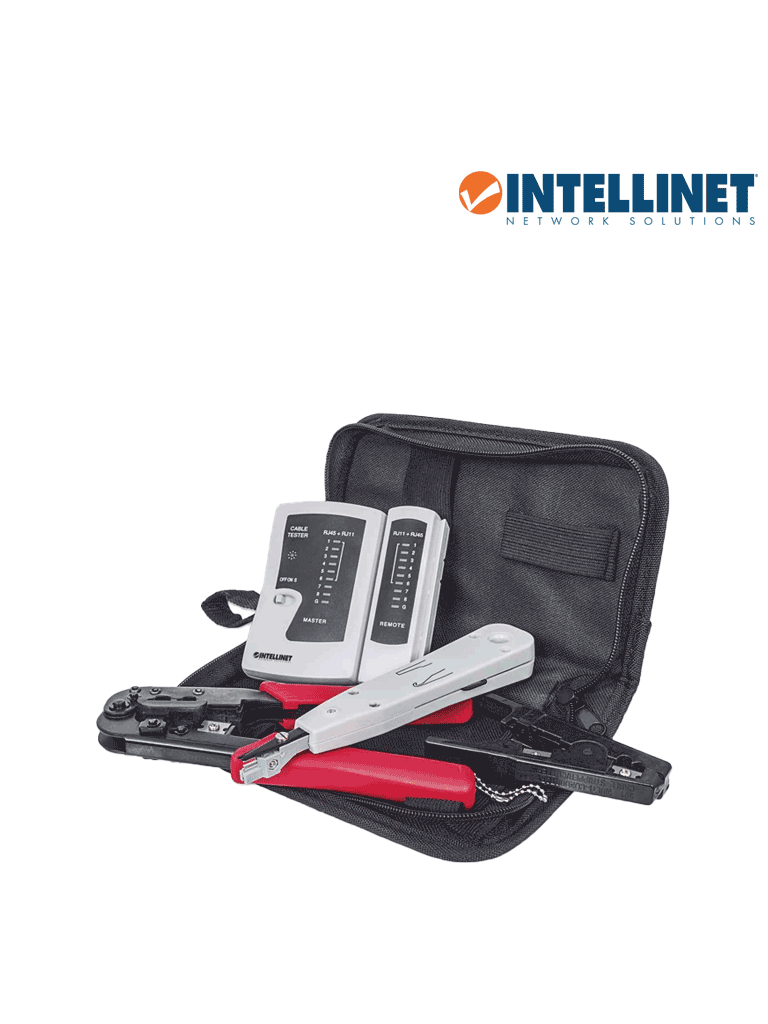INTELLINET 780070 Kit de herramientas para red con 4 piezas compuesto por Probador de cable UTP Ponchadora Pinza Crimpadora y Pelador de cable