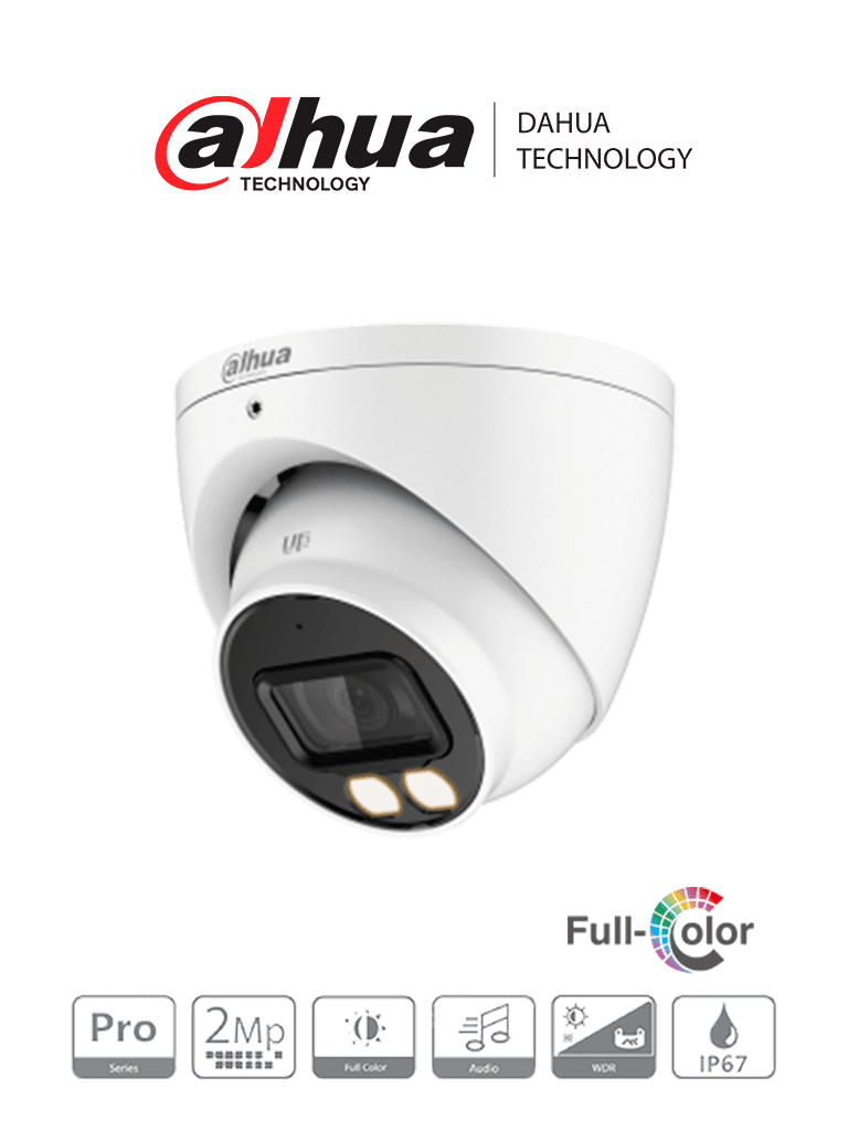 DAHUA HAC-HDW2249T-A-LED - Cámara Domo Full Color de 2 Megapíxeles Serie Pro con lente de 3.6 mm micrófono integrado FullColor-Starlight y WDR real. Resistente con clasificación IP67 #FullColor #SeriePro