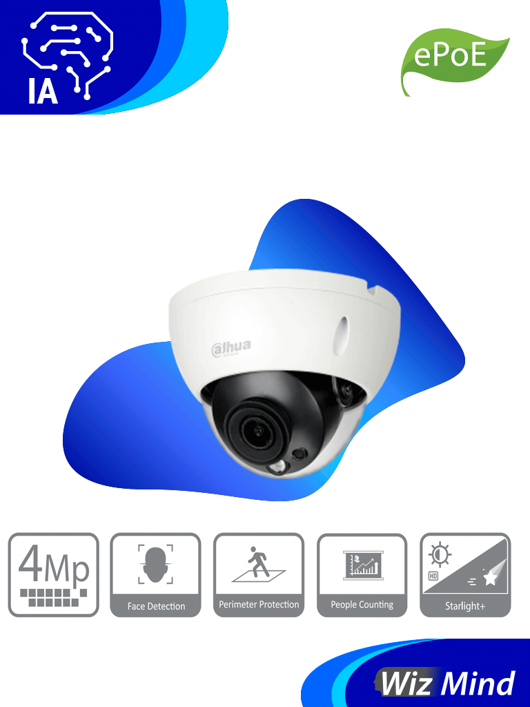 DAHUA DH-IPC-HDBW5442R-ASE - Cámara IP Domo de 4 Megapixeles/ Lente de 2.8mm/ IR LED 50m/ AcuPick / WizMind/ Metadatos/ Protección Perimetral/ Conteo de Personas/ SMD 3.0/ IP67/ IK10/ E&S de Alarma y Audio