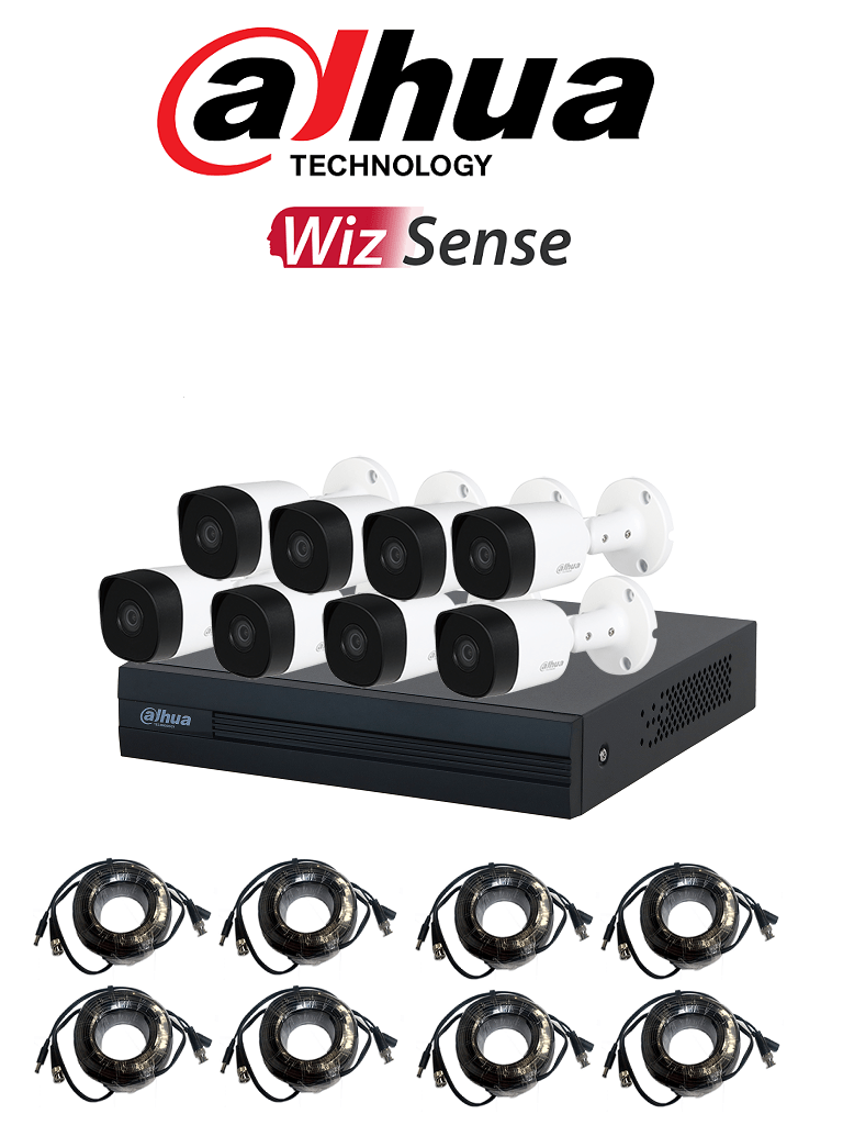 DAHUA KITXVR1B08- I+8-B2A21- Kit de 8 Canales DVR Cooper-I WizSense con IA y H.265+ 8 cámaras B2A21 de 1080p metálicas soporte para hasta 10 canales IP 4 canales con SMD Plus para detección de humanos y vehículos y accesorios incluidos.