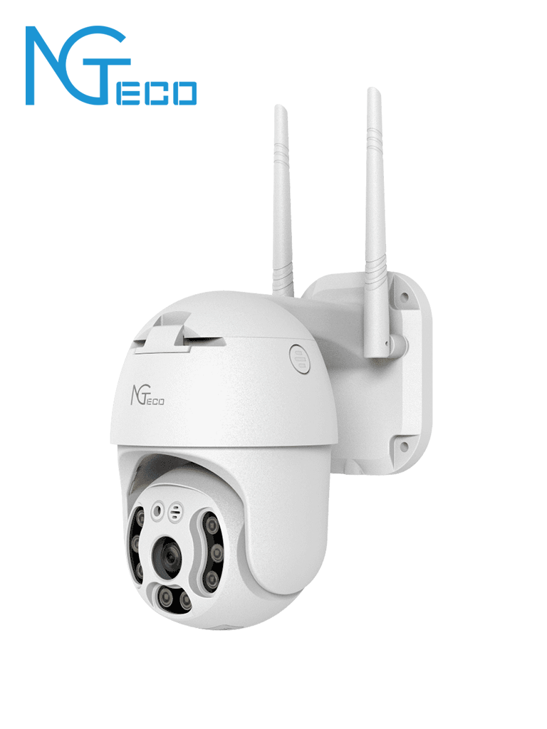 NGTECO NGC4200 - Cámara PT WiFi de 3MP con lente de 3.6mm altavoz y micrófono integrados. Ofrece audio bidireccional y alcance IR de 20m. Utiliza compresión de vídeo H.265. Compatible con almacenamiento local y en la nube. Funciona con Alexa #NG #M