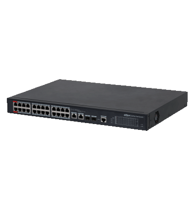 DAHUA DH-PFS4226-24ET-240 - Switch PoE Administrable de 26 Puertos Ethernet/ 24 Puertos PoE/ 240 Watts Totales/ Interfaz Web/ Puerto 1 y 2 Soportan 90 Watts/ 2 Puertos SFP/ 2 Puertos Uplink/ PoE Watchdog/ Switching 8.8 Gbps/