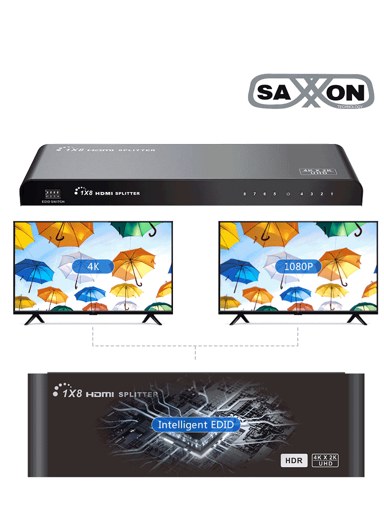 SAXXON LKV318HDR-V2.0 - Divisor de Video HDMI de 1 Entrada y 8 Salidas/ Soporta Resolución Ultra HD 4K&2K @30 Hz/ Distancia de 10 Metros en Entrada y Salida/ Switch EDID/