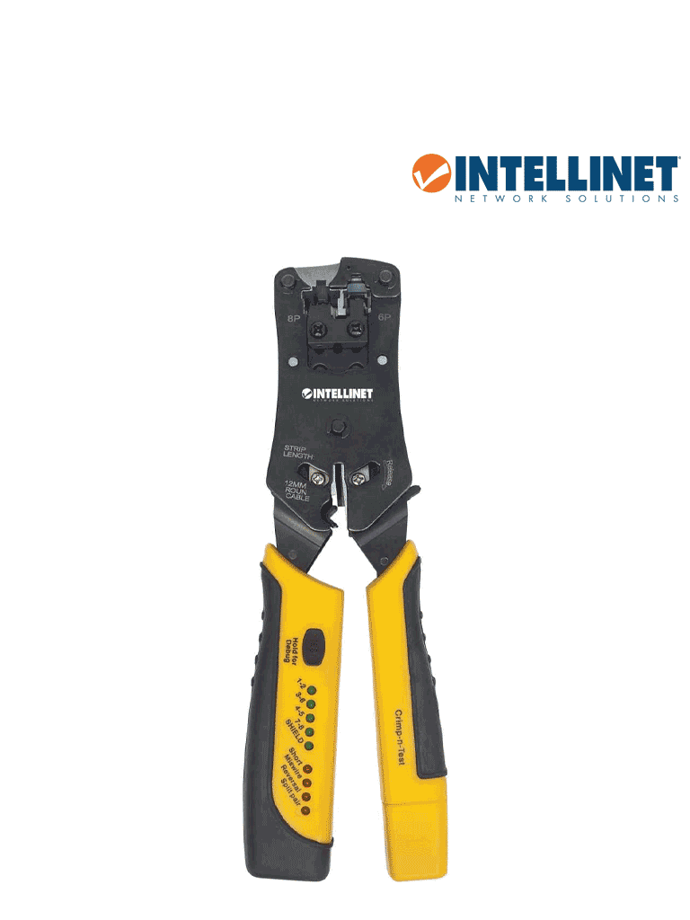 INTELLINET 780124 Pinza Crimpeadora Universal de Plugs Modulares y Probador de Cables 2-en-1 Crimpeadora y Probador de Cables - Corta Pela Remata y Prueba