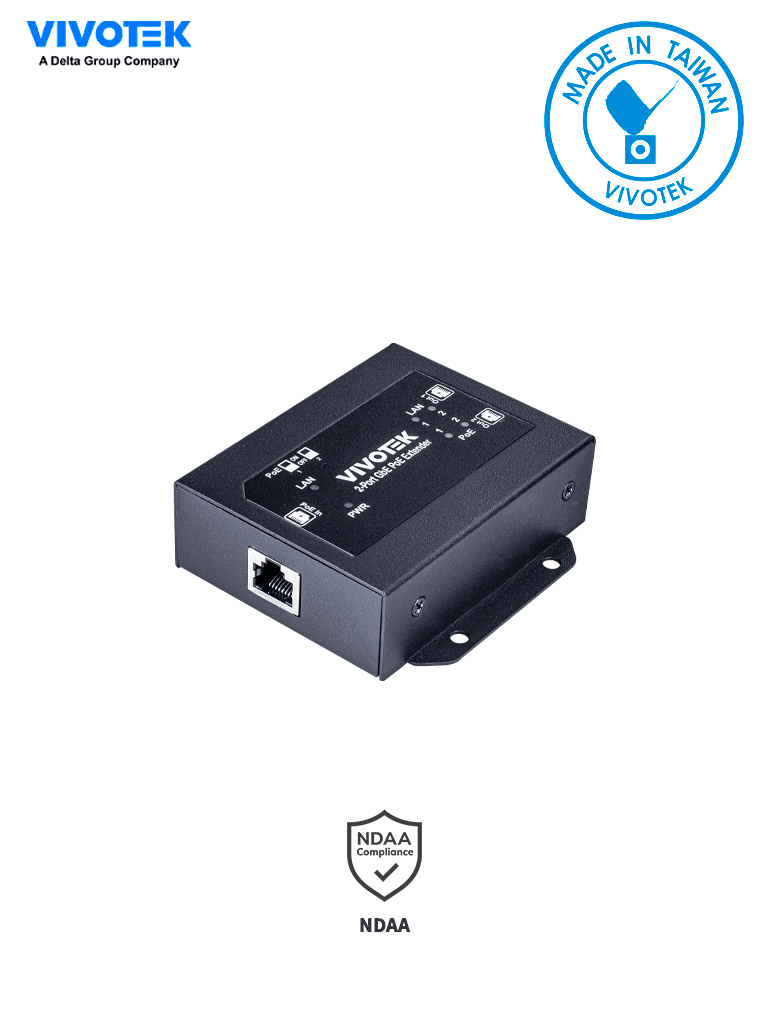 VIVOTEK AP-GXC-0200 - Extensor PoE de 2 puertos Gigabit Ethernet para interior con hasta 68W y hasta 300m en conexión escalada de 2 unidades compatible con NDAA.