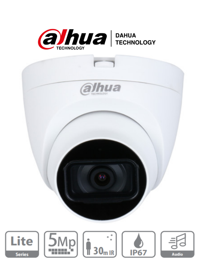 DAHUA HAC-HDW1500TLQN-A - Cámara Domo de 5 MP con micrófono integrado y lente de 2.8 mm. Ofrece iluminación IR hasta 30 metros tecnología Starlight y es resistente al agua con clasificación IP67. Compatible con CVI CVBS AHD y TVI