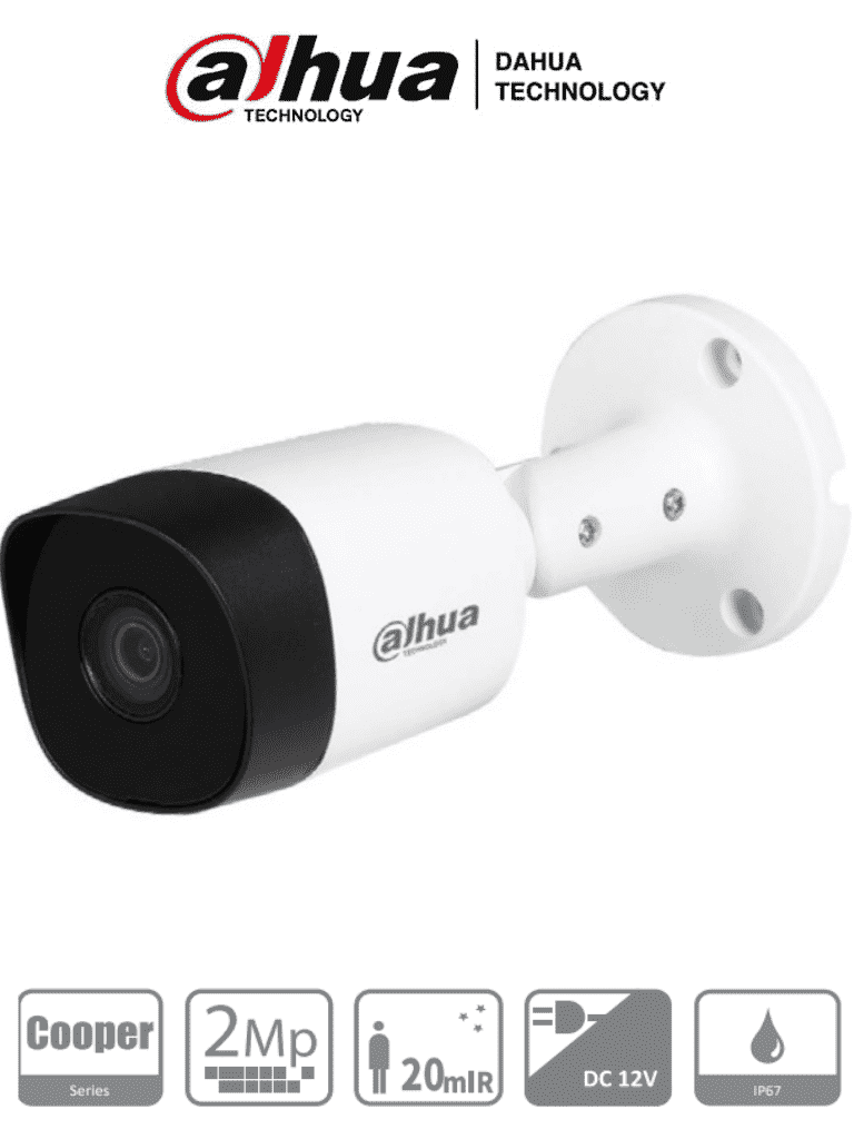 DAHUA HAC-B2A21-28 - Cámara Bullet de 2 Megapixeles. Resolución 1080p. Lente de 2.8 mm con ángulo de 100 grados. Alcance IR de 20m. Estructura metálica con protección IP67. Compatible con CVI TVI AHD y CVBS. Incluye menú OSD/