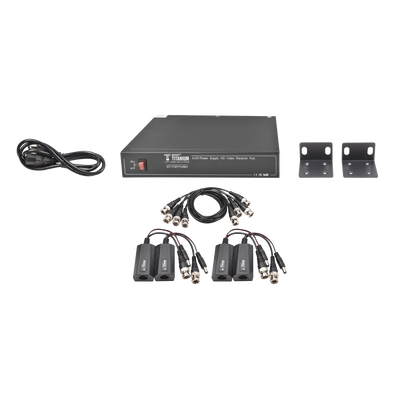 Kit de 4 canales de para transmisión de ALIMENTACION ( de 36 Vcc a 12Vcc ) y VIDEO (HD-TVI) a distancias de hasta 250 mts.