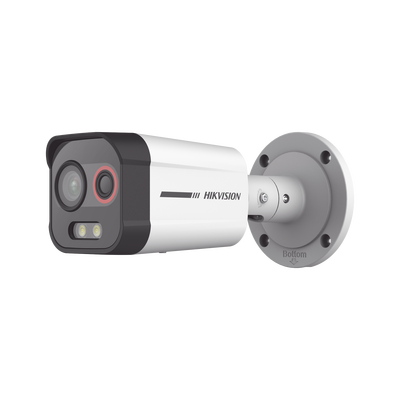 Bala IP Dual / Térmica 2.6 mm (96 x 72) / Óptico 6 mm (4 Megapixel) / 30 mts Luz Blanca / Exterior IP67 / PoE / Detección de Intrusión / Sirena y Luz Intermitente Integrada / Micro SD / ColorVu y ACUSENSE