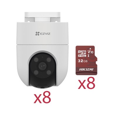Kit de Camaras WiFi Incluye 8 Piezas CS-H8C y 8 Piezas HS-TF-E1/32G / Audio de Dos Vías / Detección de Movimiento / Luz Blanca / Sirena / Uso en Exterior con Protección