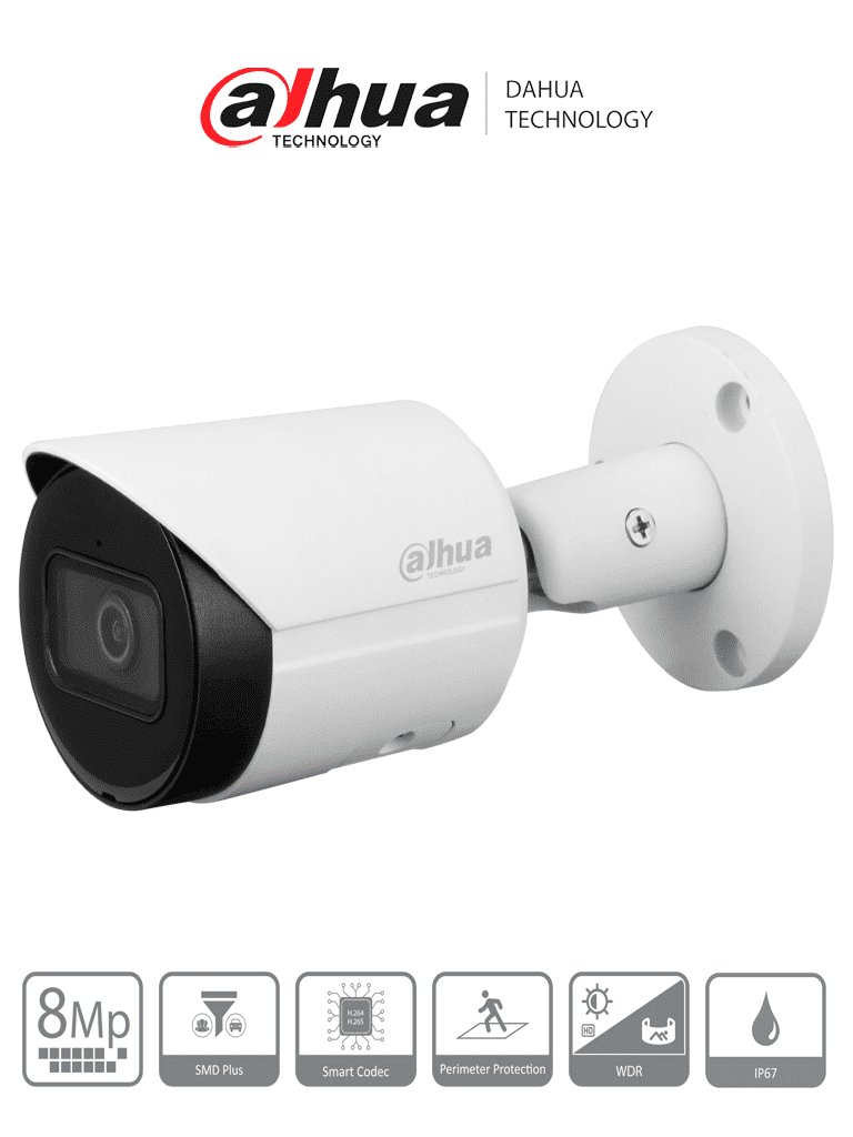 DAHUA DH-IPC-HFW2841S-S - Cámara IP Bullet 4k/ 8 Megapíxeles/ Lente de 2.8 mm/ 105 Grados de Apertura/ H.265+/ IR de 30 Mts/ Metálica/ WDR Real de 120 dB/ IP67/ Video analíticos con IVS/ Ranura para MicroSD/ PoE #MCI2Q125 #IMD