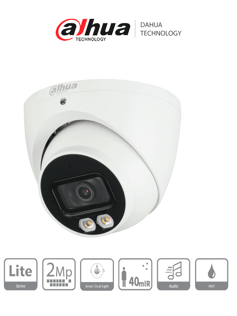 DAHUA HAC-HDW1200T-IL-A - Camara Domo de 2 Megapixeles/ Iluminador Dual Inteligente + Full Color/ Lente de 2.8 mm/ 102 Grados de Apertura/ Microfono Integrado/ 40 Metros de Iluminacion IR y Visible/ dWDR/ IP67/ Super Adapt/ #LoNuevo