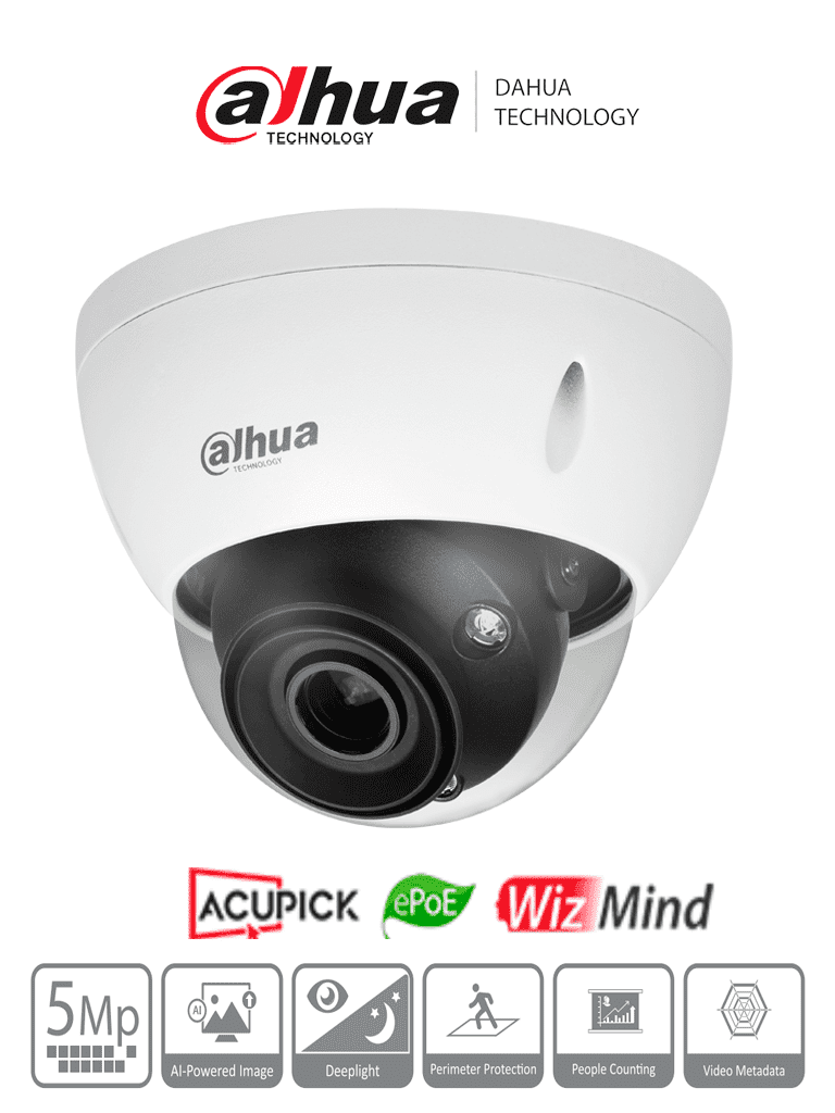 DAHUA IPC-HDBW5541E-ZE - Cámara IP Domo 5MP con WizMind y Lente Motorizado 2.7-13.5 mm LED IR 40m 114° H.265+ Metadatos SMD 3.0 Acupick E/S de Alarma y Audio Micro SD IP67 IK10 ePoE. Ideal para seguridad avanzada.