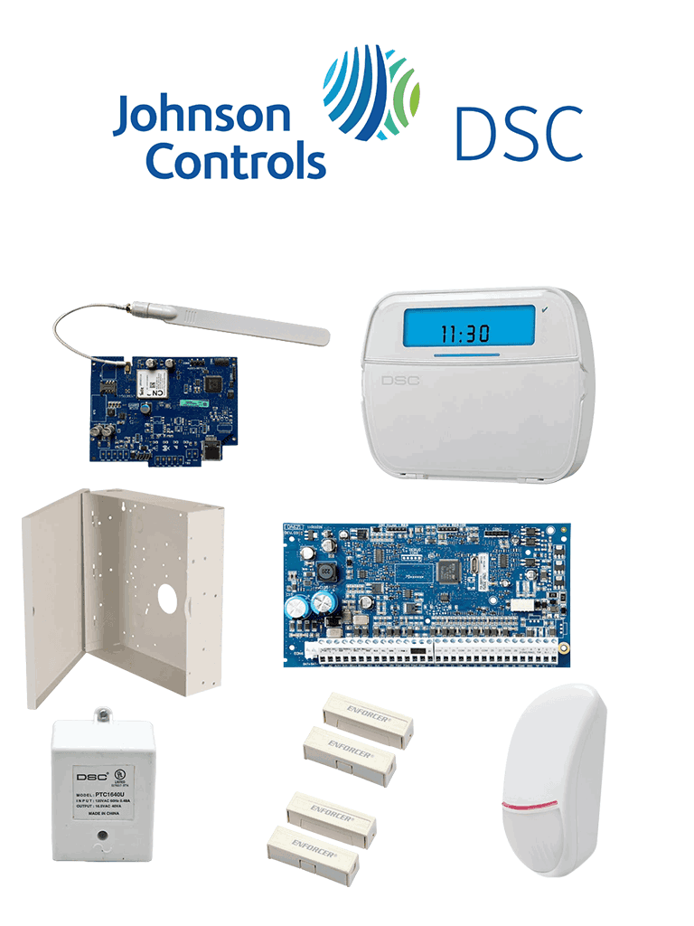 DSC NEO-ICON-IPLTE-SB - Paquete SERIE NEO con panel HS2032 de 8 zonas cableadas expandible a 32/Teclado de Iconos HS2ICN /Sensor PIR LC200 Cableado/2 contactos blancos cableados/Transformador/Gabinete GTVCMX003/Comunicador Dual TL280LE/Sin Batería #