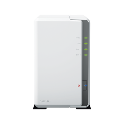 NAS DiskStation DS223j | 2 Bahías | CPU Realtek RTD1619B 1.7 GHz | 1 GB DDR4 | Puerto 1GbE RJ-45 | USB 3.2 Gen 1 | Compatible con HDD y SSD | Synology DSM | RAID 0 1 JBOD | SMB AFP NFS FTP | Vigilancia IP