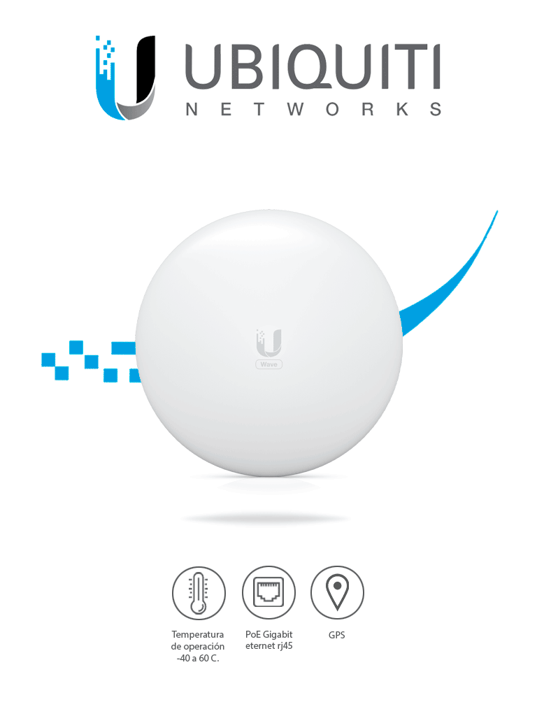 UBIQUITI WAVE-LR- Antena cliente para WAVE-AP con frecuencia de 60 GHz y tasa de transferencia de hasta 2 Gbps. Incluye respaldo a 5 GHz y es compatible únicamente con WAVE-AP