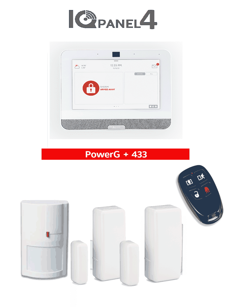 QOLSYS IQ4 PACK - Paquete de Alarma IQPanel4 de Qolsys incluye Panel Autocontenido con Pantalla Táctil de 7" Power G 915 Mhz + DSC power 433 Mhz. 4 Bocinas integradas 2 Magnéticos Inalámbricos WS4945. 1 WS4904PM y WS4939