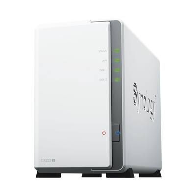 NAS DiskStation DS223j | 2 Bahías | CPU Realtek RTD1619B 1.7 GHz | 1 GB DDR4 | Puerto 1GbE RJ-45 | USB 3.2 Gen 1 | Compatible con HDD y SSD | Synology DSM | RAID 0 1 JBOD | SMB AFP NFS FTP | Vigilancia IP