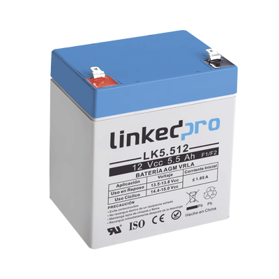 Batería 12 Vcc / 5.5 Ah / UL / Vida útil promedio 5 años / Tecnología AGM-VRLA / Para uso en equipo electrónico Alarmas de Intrusión / Incendio/ Control de acceso / Video Vigilancia / Terminales F1 ( Incluye adap