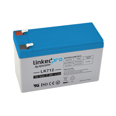 Batería 12 Vcc / 7 Ah / UL / Tecnología AGM-VRLA / Vida útil promedio 5 años / Para uso en equipo electrónico Alarmas de Intrusión / Incendio / Control de acceso / Video Vigilancia / Terminales F1 ( Incluye adapt