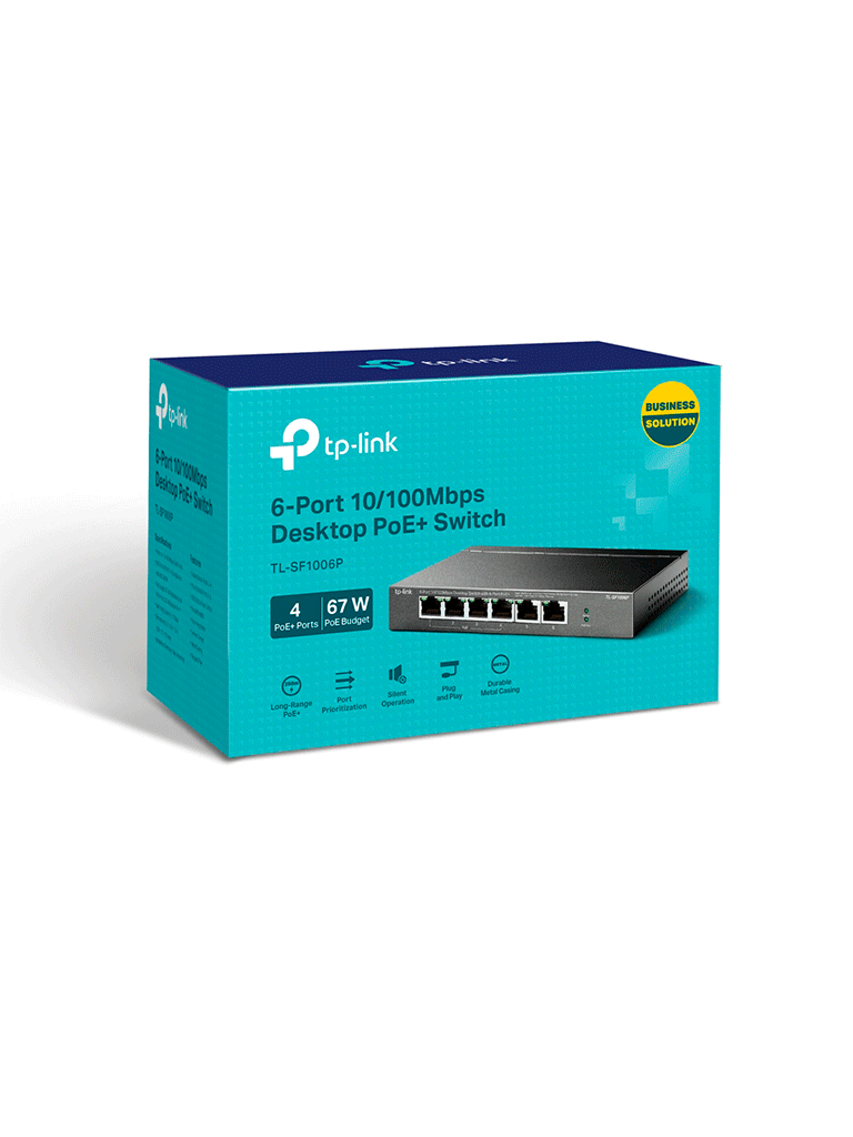 TP-LINK TL-SF1006P - Switch PoE no administrable con 6 puertos Fast Ethernet incluyendo 4 puertos PoE AF y AT. Suministro PoE hasta 67W y modo extendido para conexiones de hasta 250m.