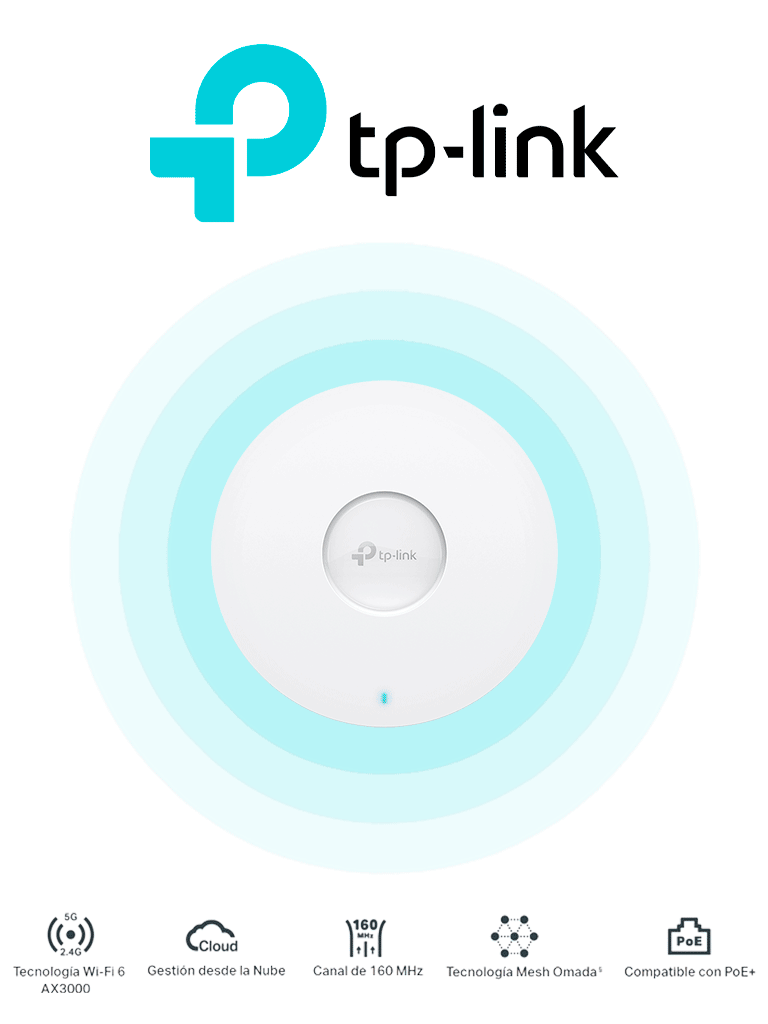 TP-LINK EAP653 - Punto de Acceso Omada Wi-Fi 6 AX3000 MU-MIMO 4x4 con Mesh Omada de alta densidad de usuarios configuración por controlador o stand-alone para montaje en techo/pared y alimentación PoE+.