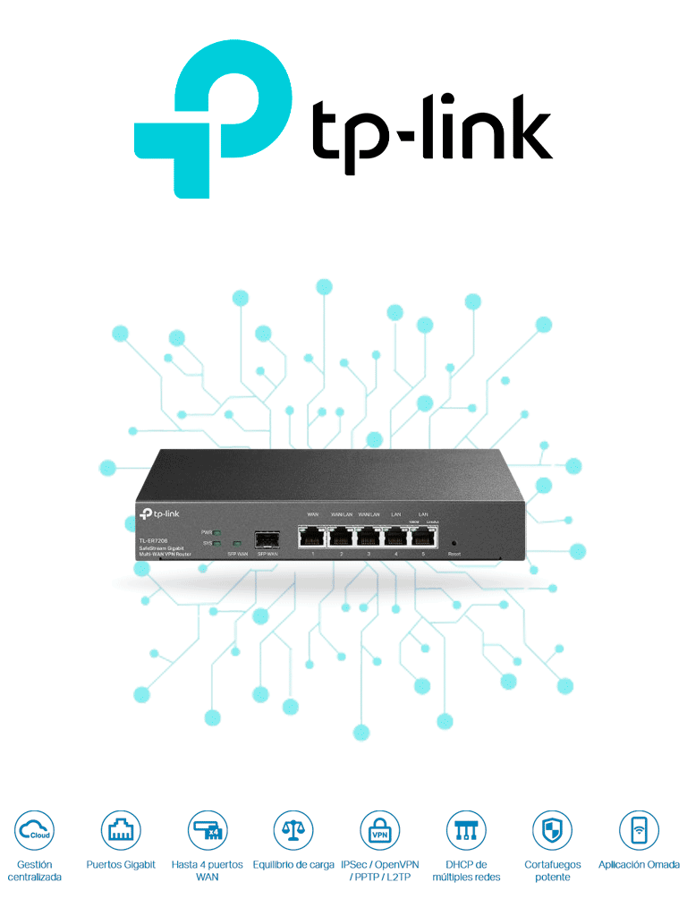 TP-LINK ER7206- Router Omada VPN SDN Multi-WAN Gigabit con 1 puerto WAN SFP y 1 puerto WAN RJ45 Gigabit 2 LAN RJ45 Gigabit y 2 configurables LAN/WAN. Hasta 150 000 sesiones concurrentes y administración centralizada Omada.