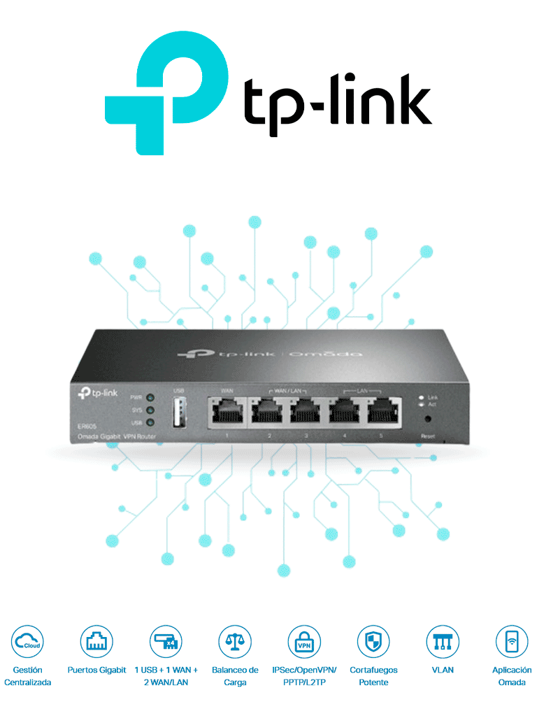 TP-LINK ER605 - Router Omada VPN SDN Multi-WAN Gigabit con 1 puerto WAN Gigabit 2 LAN Gigabit y 2 configurables LAN/WAN hasta 25 000 sesiones concurrentes con gestión centralizada Omada o stand-alone y 1 puerto USB 2.0.