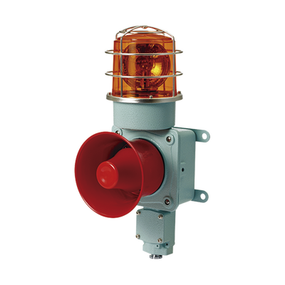 Combinación de luz de advertencia giratoria color Ámbar con bocina eléctrica para aplicaciones de la industria a 24 VCD  máx. 120 dB