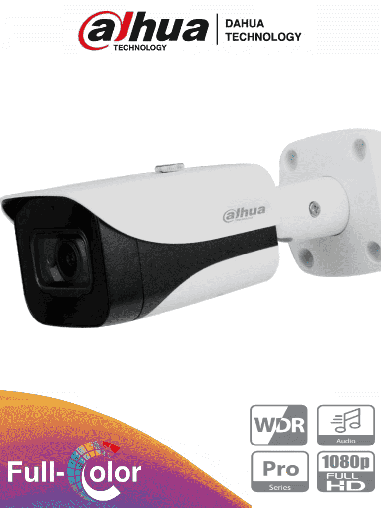 DAHUA HAC-HFW2249E-A - Camara Bullet Full Color Sin Leds de 2 Megapixeles/ Serie Pro/ Lente de 3.6 mm/ Metalica/ Microfono Integrado + 1 Canal de Audio/ WDR Real de 120 dB/ Starlight/ IP67/ BLC / HLC /