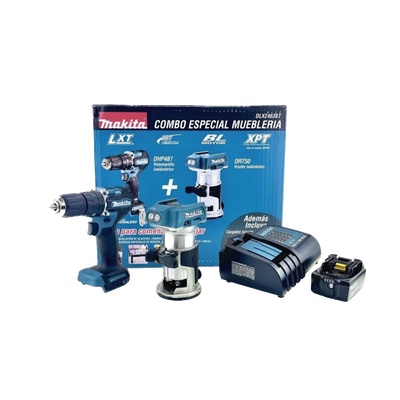 kit de Rotomartilló DHP487 +Fresadora Multifuncional DRT50 Incluye 1 Cargador Rápido DC18SD y 1 Batería li-Ion de 5.0 Ah Modelo BL1850B.