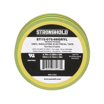 Cinta Eléctrica STRONGHOLD para Aislar  de PVC  Uso Construcción General en Tierras Físicas  Grosor de 0.13 mm (5 mil)  Ancho de 19.05 mm  y 20.12 m de Largo  Color Amarillo/Verde.
