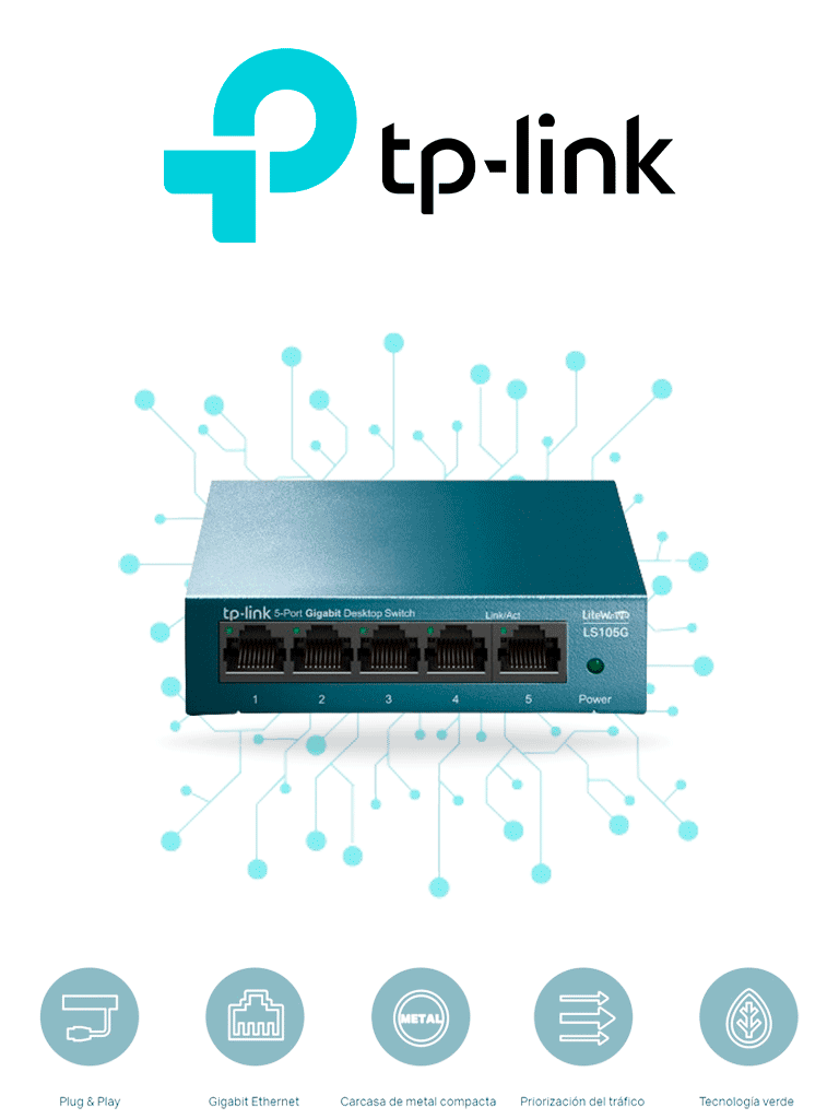 TP-LINK LS105G - Switch de escritorio Gigabit de 5 puertos 10/100/1000Mbps y carcasa metálica.