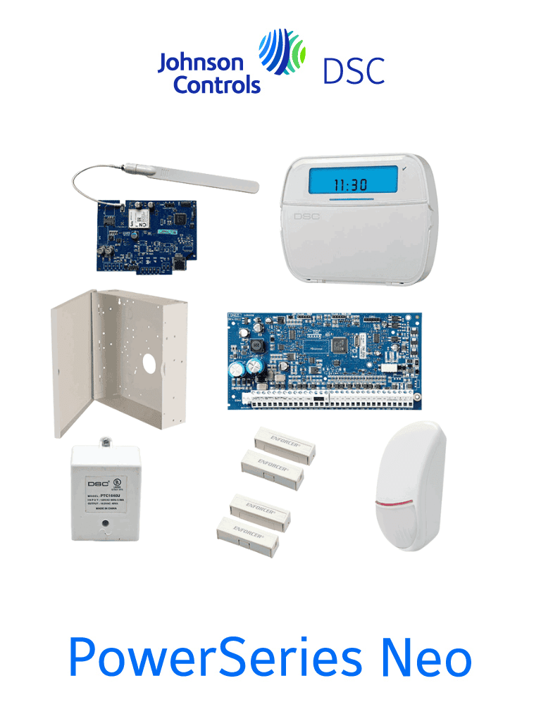 DSC NEO-ICON-IPLTE-SB - Paquete SERIE NEO con panel HS2032 de 8 zonas cableadas expandible a 32/Teclado de Iconos HS2ICN /Sensor PIR LC200 Cableado/2 contactos blancos cableados/Transformador/Gabinete GTVCMX003/Comunicador Dual TL280LE/Sin Batería #