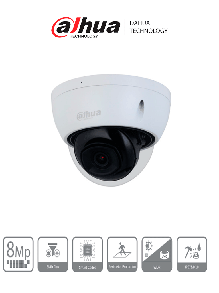 DAHUA IPC-HDBW2841E-S -Cámara IP Domo Antivandálica 4k/ 8 Megapíxeles/ Lente de 2.8mm/ 106 Grados de Apertura/ H.265+/ WDR Real de 120 dB/ IR de 30 Mts/ Video analíticos con IVS/ IP67/ IK10/ PoE/ Ranura para MicroSD/