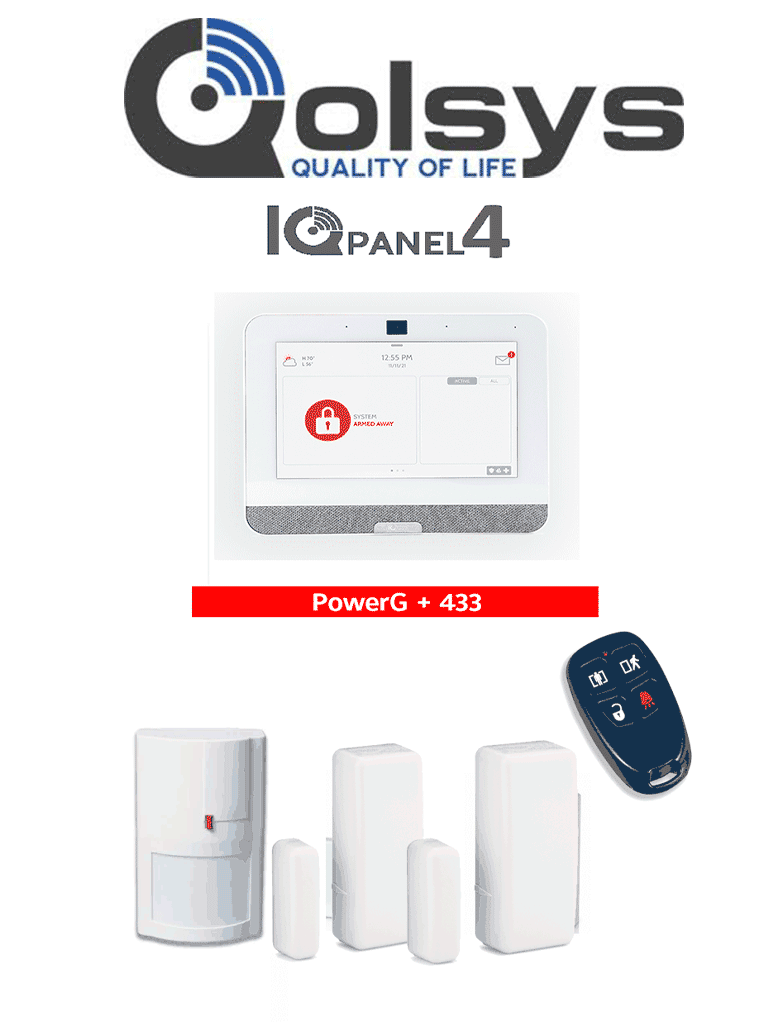 QOLSYS IQ4 PACK - Paquete de Alarma IQPanel4 de Qolsys incluye Panel Autocontenido con Pantalla Táctil de 7" Power G 915 Mhz + DSC power 433 Mhz. 4 Bocinas integradas 2 Magnéticos Inalámbricos WS4945. 1 WS4904PM y WS4939