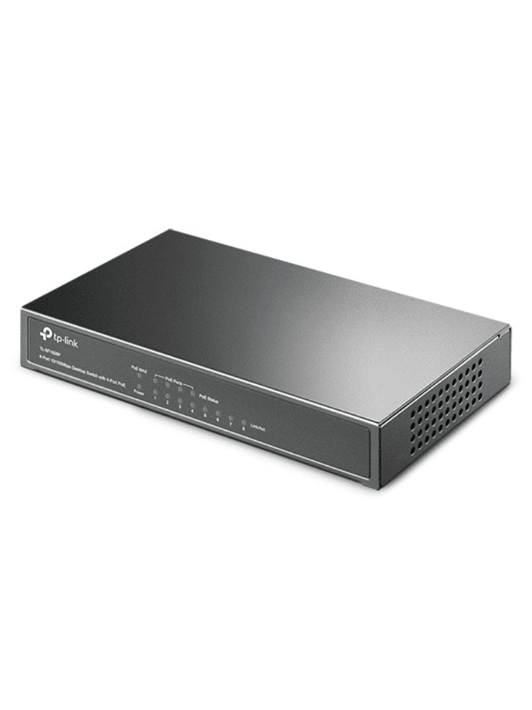 TP-LINK TL-SF1008P -Switch PoE no administrable con 8 puertos Fast Ethernet que incluye 4 puertos PoE AF y AT. Ofrece un presupuesto PoE de hasta 66W y soporta modo extendido para conexiones de hasta 250m de longitud.