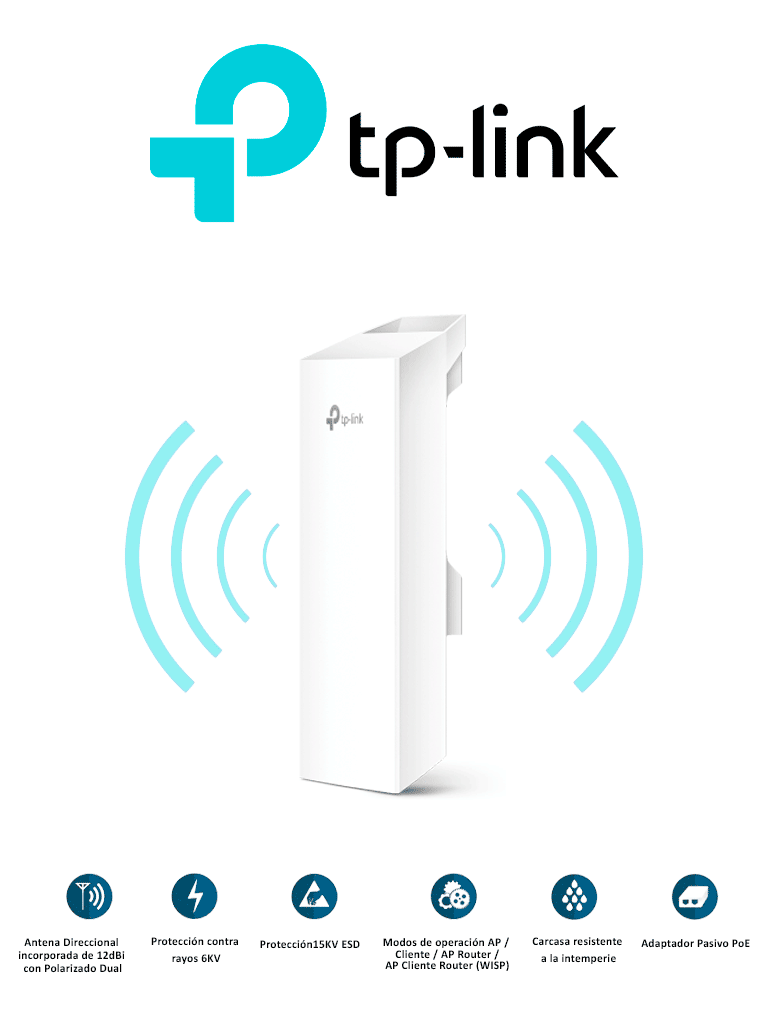 TP-LINK CPE220 - CPE de Exterior 2.4GHz 300Mbps con antena incorporada de 12dBi 2x2 MIMO tecnología Pharos MAXtream TDMA y administración centralizada - Control Pharos con modos: AP Cliente AP Router AP Cliente Router (WISP).