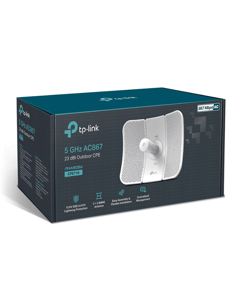 TP-LINK CPE710 - CPE de Exterior 5GHz AC 867Mbps 23dBi de alta ganancia MIMO 2×2 ideal para aplicaciones de larga distancia Pharos Control para adminstración centralizada y modos de operación: AP Cliente Repetidor AP Router/ AP Cliente Router (