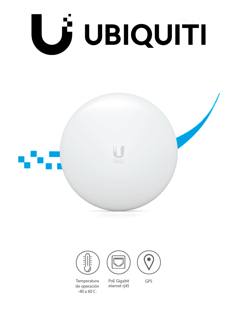 UBIQUITI WAVE-LR- Antena cliente para WAVE-AP con frecuencia de 60 GHz y tasa de transferencia de hasta 2 Gbps. Incluye respaldo a 5 GHz y es compatible únicamente con WAVE-AP