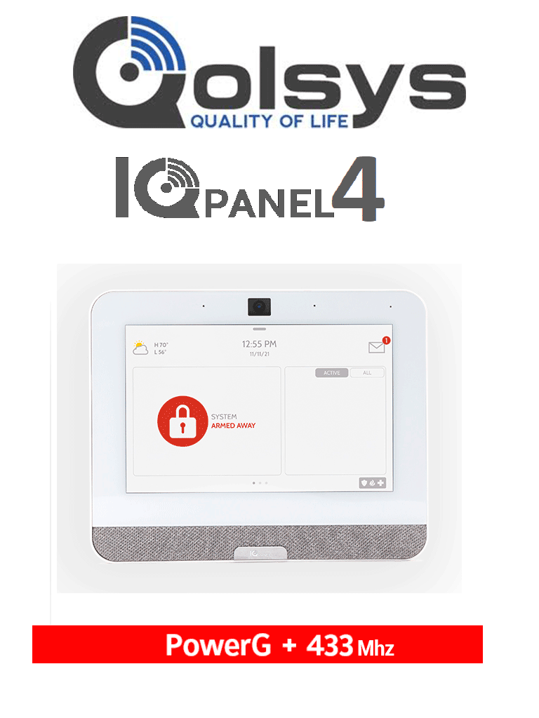 QOLSYS IQP4005 - Sistema de Alarma IQPanel4 Autocontenido con Pantalla Tactil de 7" Power G 915 Mhz + DSC Serie Power 433 Mhz. Con 4 Bocinas integradas (4W). Para la plataforma Alarm.com