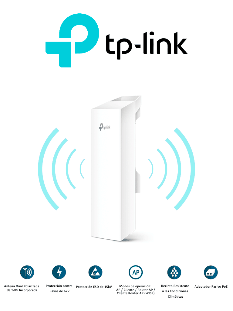 TP-LINK CPE210 - Radio CPE para exteriores con antena integrada de 9dBi en 2.4GHz a 300Mbps MIMO 2x2 Pharos MAXtream TDMA Modos: AP Cliente Router AP Cliente Router AP (WISP)