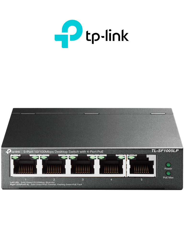 TP-LINK TL-SF1005LP - Switch PoE no administrable con 5 puertos Fast Ethernet incluyendo 4 puertos PoE AF. Presupuesto PoE de hasta 41W y modo extendido para conexiones de hasta 250m.
