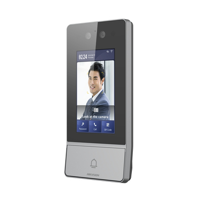 Videoportero IP 2 Megapixel / Llamada y Apertura Remota desde App Hik-Connect / Reconocimiento Facial / Panel touch 4.3"/ Exterior IP65 + Antivandalico IK08 / Botón mecanico de llamada / PoE / 1 Departamento / Apertura con Tarjeta Codigo PIN